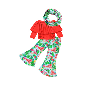 Conjunto de ropa de 3 piezas para niña pequeña, top corto, pantalones acampanados con bufanda, ropa para niña - Product Image 3