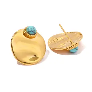 Fashion Disc Earrings Studs In Real 18K Gold Plated Stainless Steel Jewelry Wholesale Price Vintage Turquoise Earrings