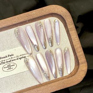 Ongles à presser effet œil de chat, style manucure française, avec strass violet scintillant – Nouveauté très prisée - Product Image 1