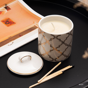 Gold Stripe Pattern Custom logo Geometric Candle Holder Home Decor Accessories Luxury Ceramic Aromatherapy Candle Jar with Lid