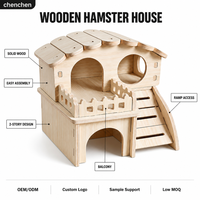 Maisonnette pour petits animaux en bois naturel, design à deux niveaux avec balcon, toit festonné, rampe courbe, montage facile, mobilier de cage pour hamster et gerbille
