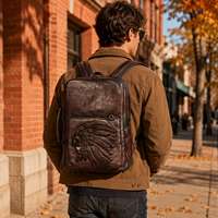 Tas Ransel Kulit Sapi Asli Vintage Western Chief dengan Saku Depan Berukir Warna Cokelat Tua untuk Perjalanan Musim Panas dengan Ritsleting Antik