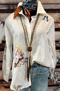 Camisa Retro Occidental de <span class=keywords><strong>Manga</strong></span> Larga con Botones para Mujer, Estilo Vintage con Estampado de <span class=keywords><strong>Caballos</strong></span> y Cactus, Transpirable, Informal, para Verano e Invierno - Product Image 6