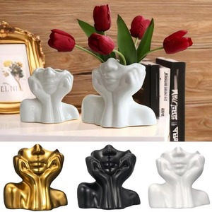 Modern <b>Ceramic</b> Face <b>Vase</b> Sculpture Decor Matte Finish White Black Gold Tabletop Flower Holder 8-16 Inches - Product Image 1