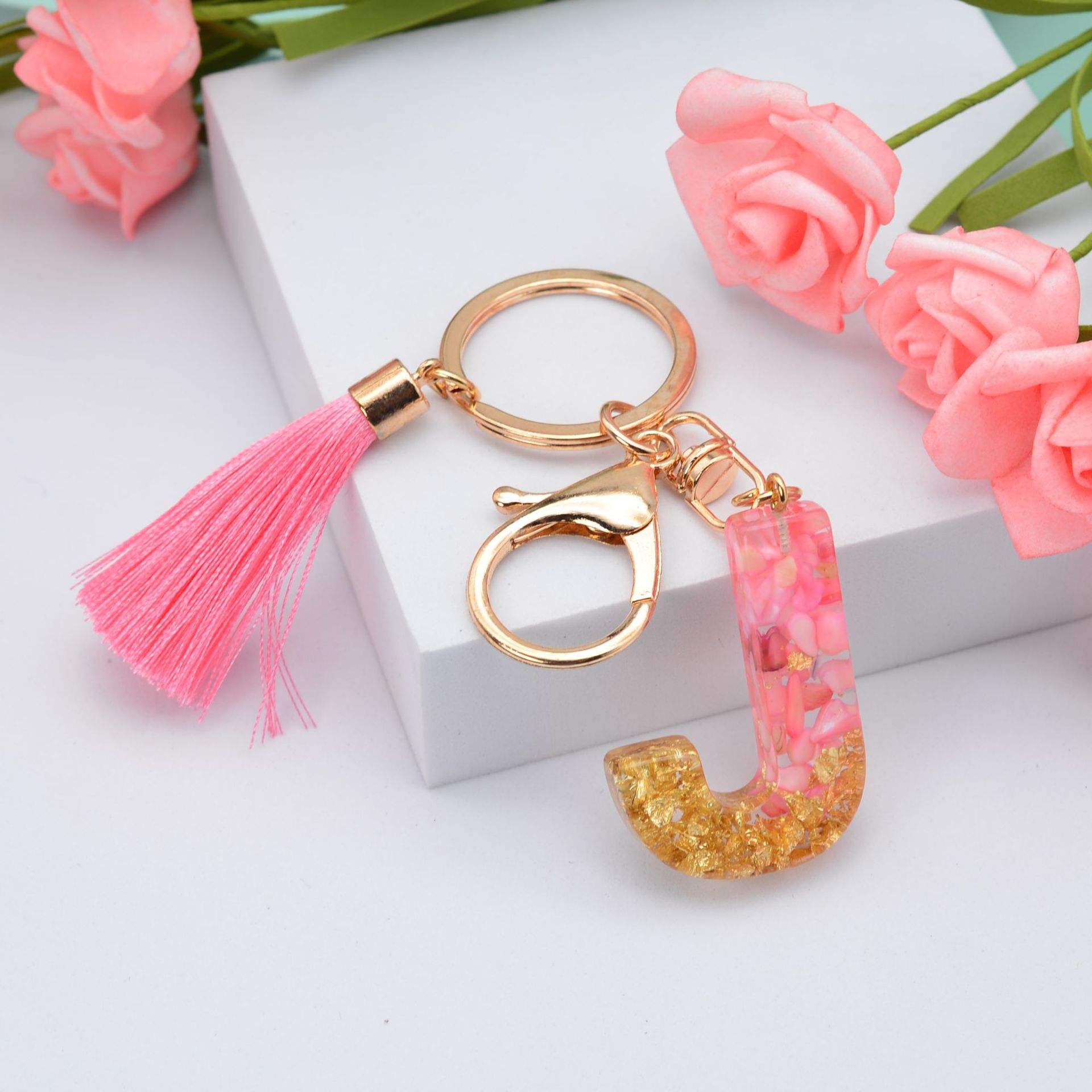 Tassel Letter Resin Keyring Resin Keychain Pink J Letter Keychain