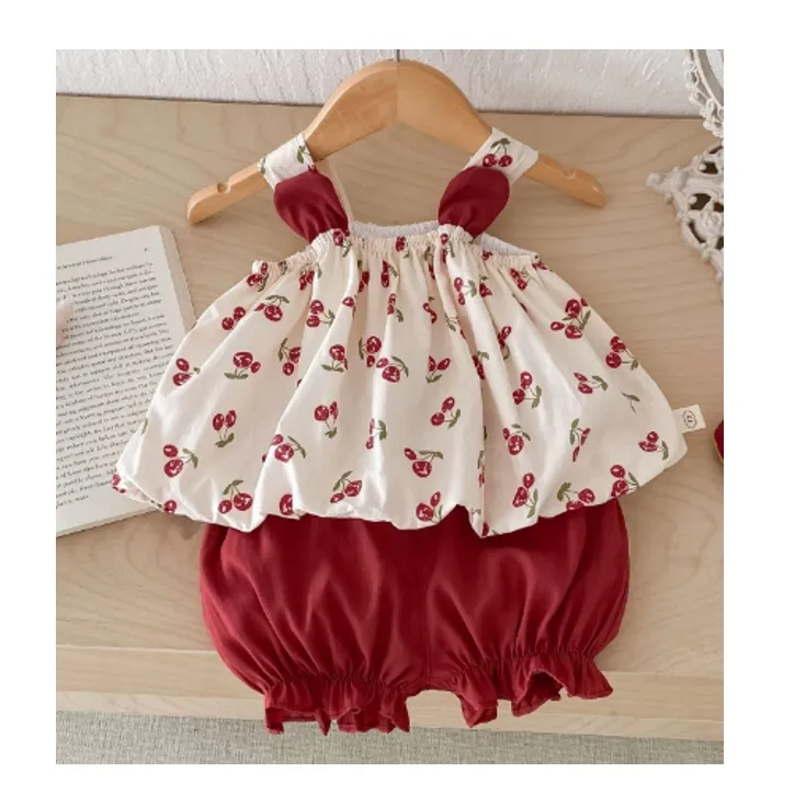 2024 New korean baby girls clothes sets new baby cherry shirt shorts 2pcs outfit