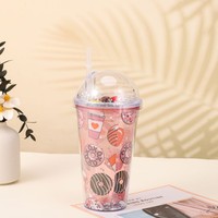 Vaso de Plástico Ecológico de 450 ml, Libre de BPA, con Pajita, Tapa de Doble Pared a Prueba de Fugas, Diseño Reutilizable, Color Confeti Kawaii para Niños