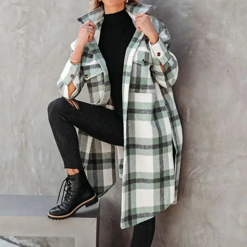 Herbst Winter 2024 Baumwolle Plattiert Trenchcoat lässig Damenhemden langer Mantel und Jacke