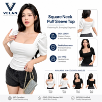 Top court en tricot d'été pour femme VELAN, en polyester solide, col carré, manches bouffantes
