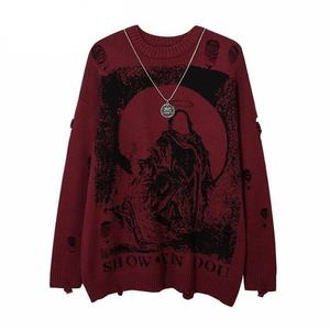 Wholesale Distress <b>Vintage</b> Oversize Cropped Top Hoodie for Men Grim Reaper Ripped Knit <b>Sweater</b> Burgundy - Product Image 1