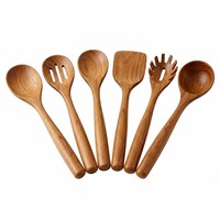 Juego de utensilios de cocina de madera de acacia de 6 piezas: espátula, espumadera, cuchara para fideos, cuchara para sopa, cucharas para servir, mango largo de 34 cm, venta al por mayor