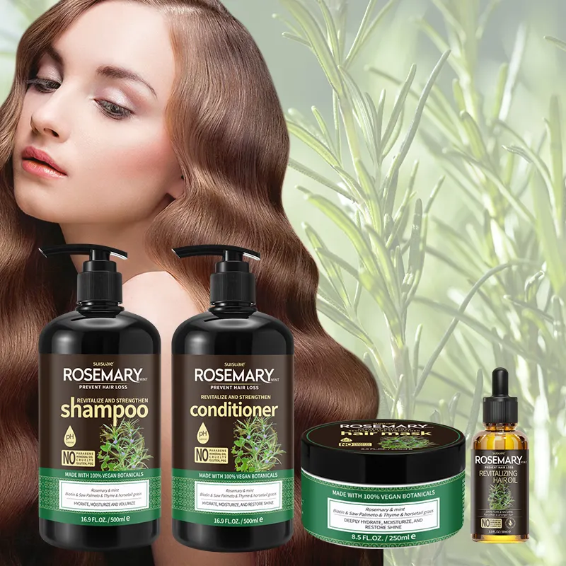 Commercio all'ingrosso naturale Anti perdita di capelli vegani prodotti a base di olio per la crescita dei capelli personalizzato biotina rosmarino menta Shampoo e balsamo per capelli