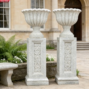 YOUFINE Urne de jardin en granit naturel sculptée à la main, paire de jardinières classiques cannelées sur piédestal pour entrée d'hôtel - Product Image 1