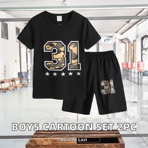 Ensemble de 2 pièces pour garçons, été 2025, chemise en polyester à imprimé cartoon décontracté + short, 6-9 ans - Product Image 2