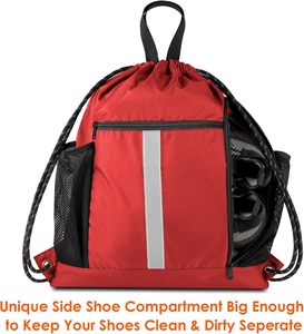 Mochila roja con cordón ajustable, compartimento para zapatos y dos bolsillos laterales de malla, ligera, duradera, deportiva - Product Image 3