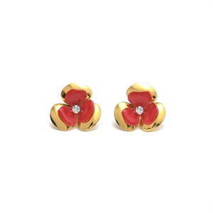 Fine Stud <b>Earrings</b> 316L Stainless Steel PVD Gold Plating <b>Red</b> Flower Design With Diamond Center - Product Image 2