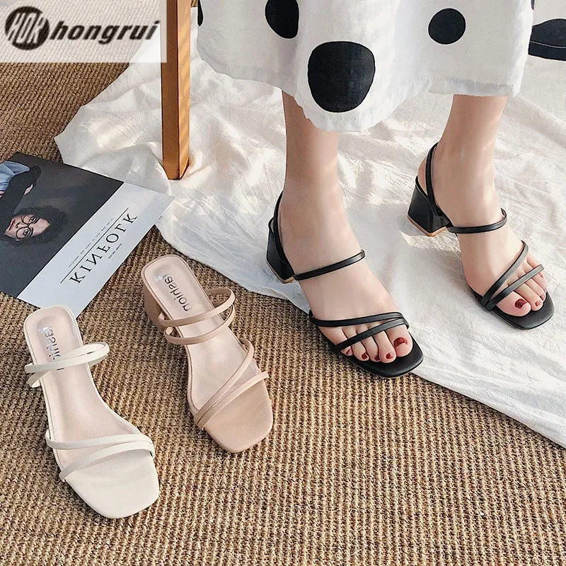 Black Thin strap Retro trend ladies sandals cozy breathable non-slip mid-heel sandals slippers designer shoes for women