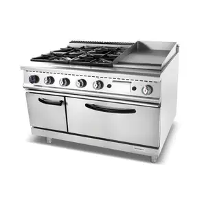 Stainless steel freestanding commercial kitchen gas cooking range 4-burner stove with electric baking oven and griddles