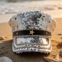 En stock Chapeau de capitaine de luxe unisexe avec écusson étoile en paillettes argentées et strass, idéal pour le festival Burning Man, la plage, les activités de plein air et les fêtes