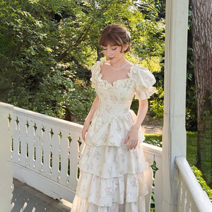 أنيقة بطباعة زهور كم منفوخ رقبة مربعة بترتيب طويل طويل عتيق بوهو فستان صيفي للحدائق والحفلات للنساء - Product Image 2