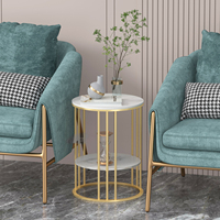 Table de rangement ronde moderne à deux niveaux, espaces ouverts, Table d'appoint avec cadre en métal doré, Table de nuit pour salon, chambre à coucher