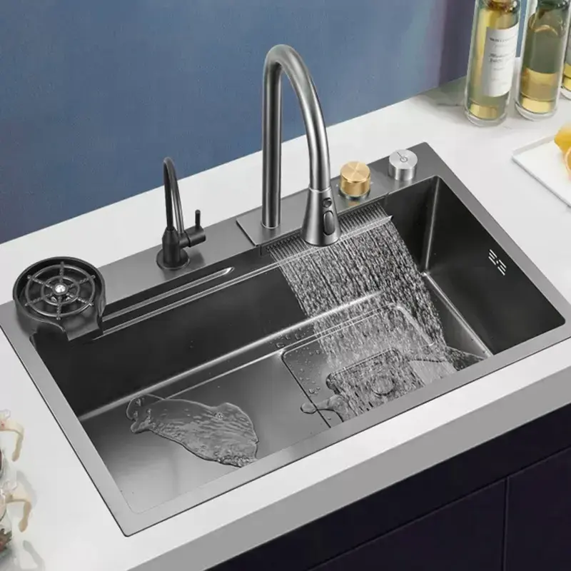 Modern Household Black 304 Stainless Steel Kitchen Waterfall Sink Large Single Slot Vegetable Washing Basin Sink