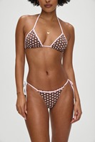 Groothandel op maat gemaakte, korte, driehoekige halter bikini's met contrastkleurige ruches, polkadotprint en strik aan de zijkant voor dames.