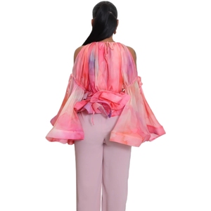 Blusa de Moda para Mujer con Estampado de Grafiti Sexy, sin Tirantes, de Malla, con Mangas Acampanadas - Product Image 5