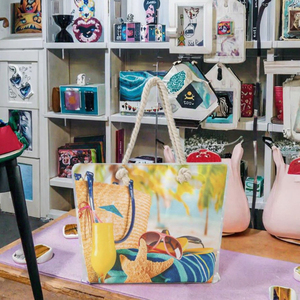 Bolsa de Mano de Lona Azul para Mujer, Gran Capacidad, Suave y Duradera, con Estampado de Rayas, Letras y Flores, para la Playa en Verano - Product Image 2