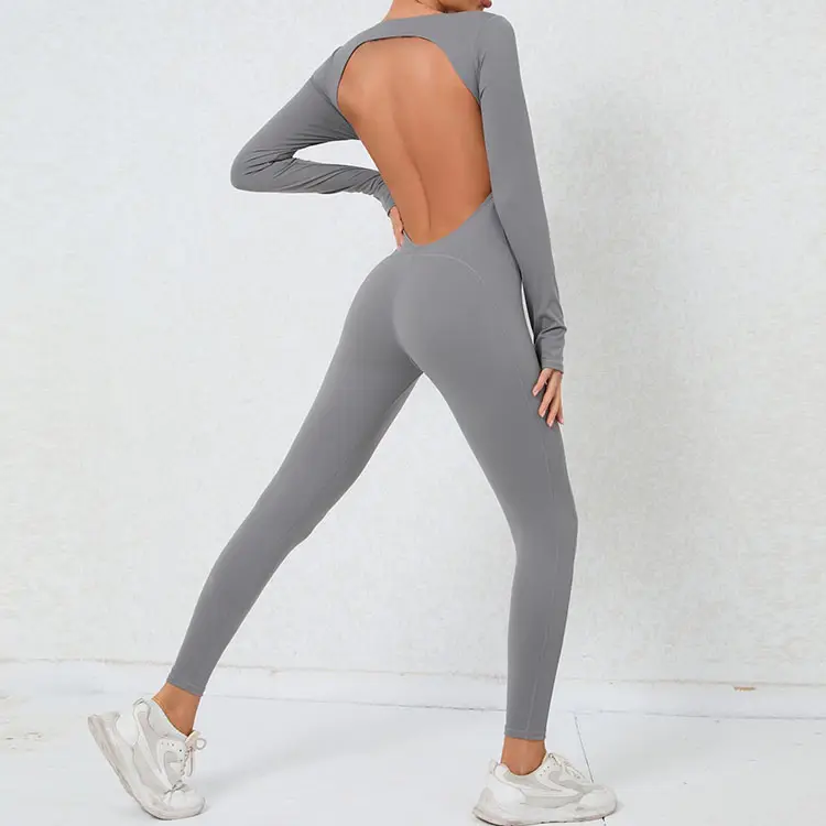 Jumpsuit lengan panjang wanita kualitas tinggi Jumpsuit olahraga kebugaran punggung cantik seksi kain lembut