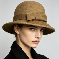 Sombrero Cloche de Lana Australiana para Mujer con Lazo Tejido, Elegante Sombrero de Ala Corta para Otoño e Invierno