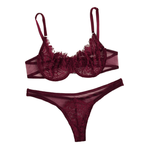 Ensemble de lingerie sexy et respirante pour femme, en dentelle transparente, avec broderie féerique, comprenant un soutien-gorge délicat et des culottes push-up érotiques - Product Image 1