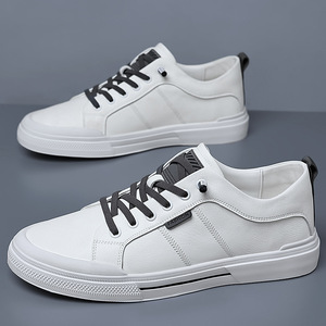 White Men's Genuine Leather Loafers Round Toe <b>Soft</b> Rubber Sole Casual <b>Shoes</b> Flat Walking Style - Product Image 1