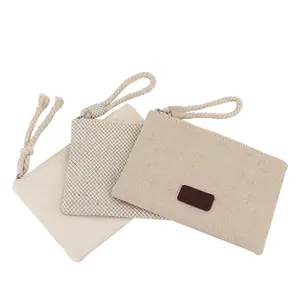 OEM Logo özel pamuk kanvas jüt makyaj kozmetik fermuarlı kılıf çanta doğal jakarlı pamuk jüt kumaş organizatör için cep telefonu çanta