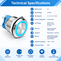 Sakelar Tombol Tekan Logam 22mm dengan Lampu LED, Pengunci Otomatis, Konektor, Simbol Daya, Tahan Air IP65