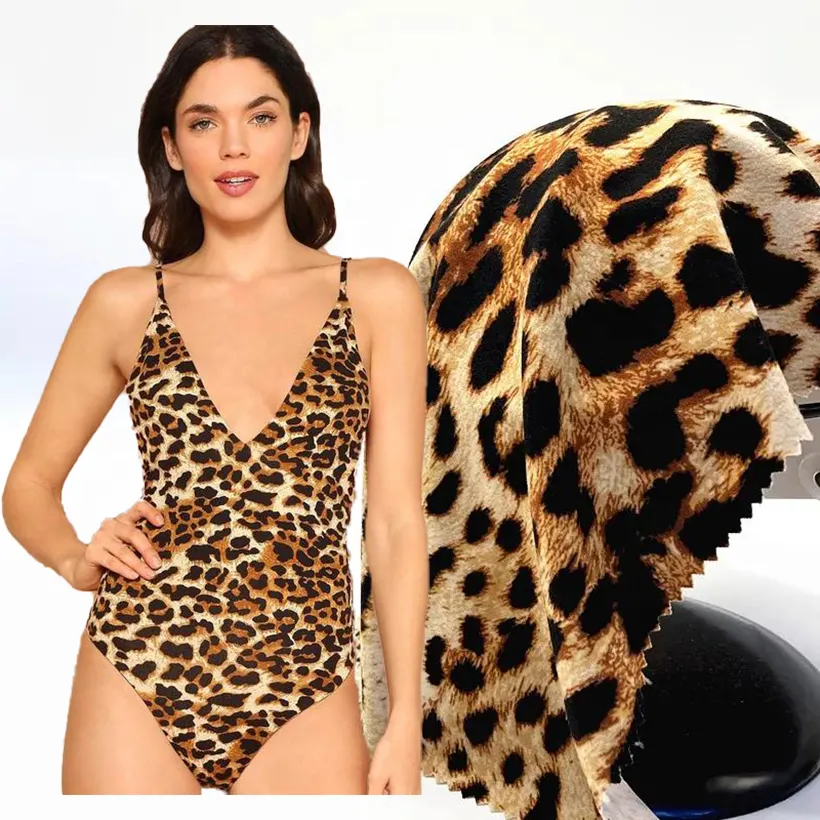 Traje de baño personalizado Fabric160Gsm Poliéster Spandex 4 Way Stretch Animal Leopard Print Fabric para traje de baño