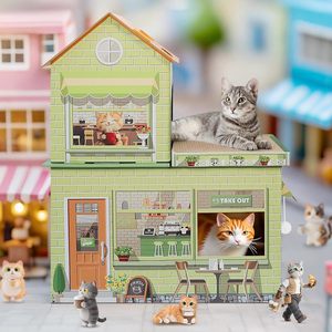 Maisonnette pour chat moderne pliable en carton, thème café, avec griffoir, <span class=keywords><strong>lit</strong></span> de jeu et cachette, pour usage intérieur - Product Image 4