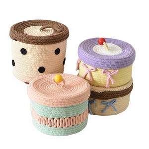 Panier de rangement rond en corde de coton tressé à la main, coloré et mignon, pour la maison, la chambre ou le bureau, avec couvercle, pour organiser les aliments et les articles divers - Product Image 3