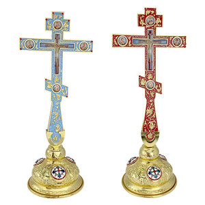 HT 2026 Nieuw 34cm Russisch-orthodox staand kruis blauw/rood emaille gouden kleurige legering kruisbeeld met heiligenbeelden voor thuisgebedskamer - Product Image 3