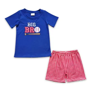 BSSO0203 Big bro baseball dark blue jacket and red and white checkered shorts toddler boy outfit