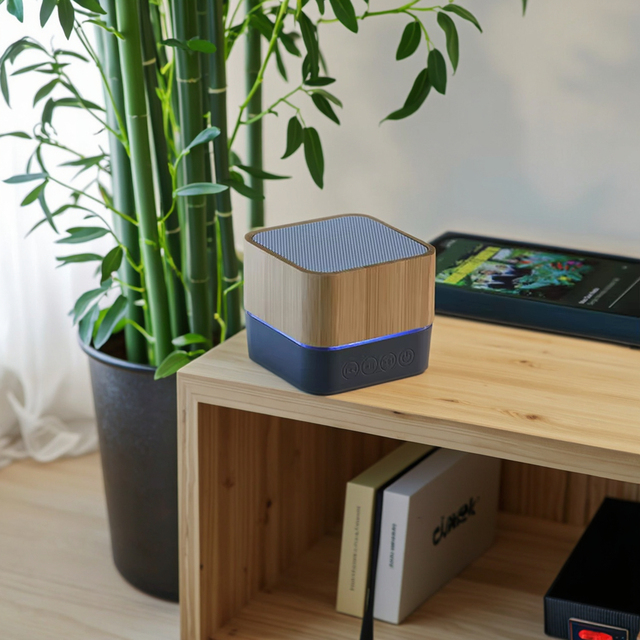 Sustainable Square Mini Bamboo Wood for Speaker-Rechargeable Portable Wireless Home Theatre Party Outdoor Built-in Mic