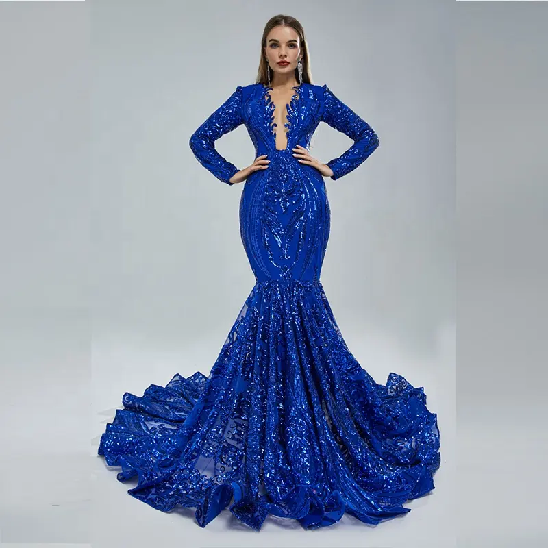 African Women's Sexy Plunge V Slim Hip Royal Blue Prom Gown Nigeria Ladies Long Sleeve Mermaid Sequin Kitenge Designs Dresses