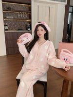 Ensemble de pyjama mi-long en flanelle pour femme, motif pois, manches longues, tricoté, ample, automne-hiver, vêtements de détente et de nuit, vente en gros