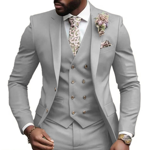 Costumes de smoking croisés grande taille pour hommes, 3 pièces, coupe ajustée, veste à col en V + gilet + pantalon à braguette zippée pour fêtes <span class=keywords><strong>et</strong></span> mariages - Product Image 3