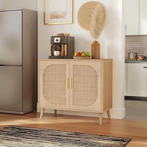 Étagère réglable en pin recyclé Armoire <span class=keywords><strong>de</strong></span> <span class=keywords><strong>rangement</strong></span> en rotin à 2 portes <span class=keywords><strong>Buffet</strong></span> <span class=keywords><strong>de</strong></span> bar à café en bois naturel pour le salon - Product Image 6