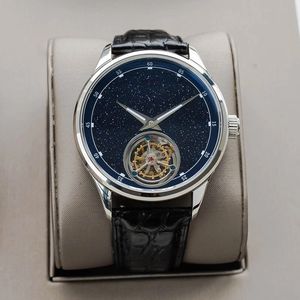 Montre Tourbillon Chinoise Personnalisée avec Logo d'Entreprise, Cadran Bleu Doré en Pierre, Montre Mécanique Creuse pour Hommes à Remontage Manuel - Product Image 1
