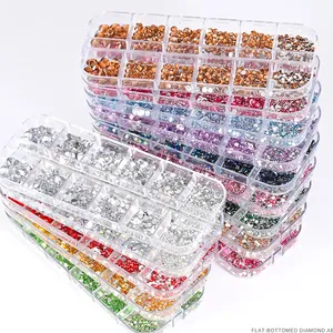 12 ช่องใส่เพชรตกแต่งเล็บแบบผสม SS6-SS30  วิบวับ สีใส/ทอง/ชมพู/ฟ้า เพชรแบนหลังใส  สำหรับตกแต่งเล็บ - Product Image 1