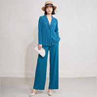 Ensemble deux pièces plissé pour femme, style Miyake, veste blazer à simple boutonnage et pantalon large, tenue de bureau élégante et coordonnée