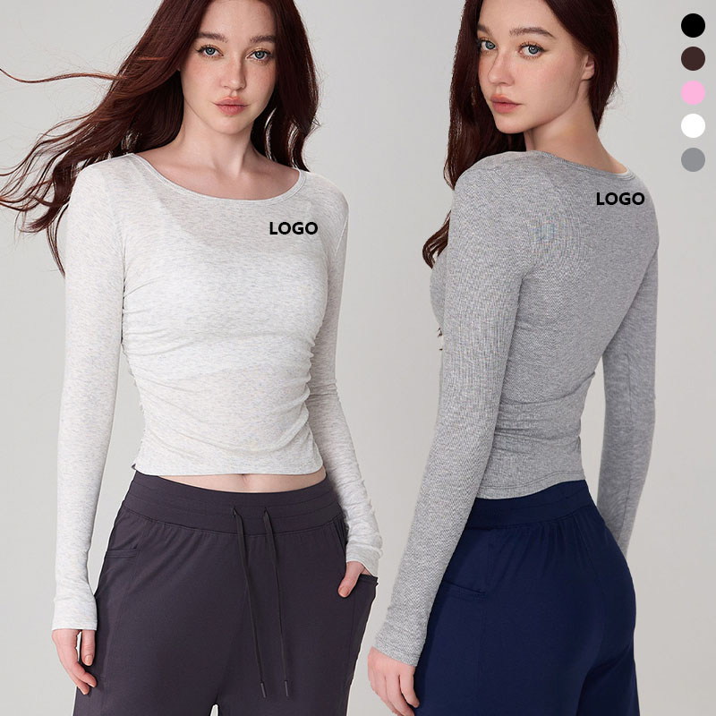 XW-ADCX42009 Round Neck Wholesale Sportswear Pleated Side Waisted Fitness Long Sleeve Gym Women Sports Custom Yoga Top