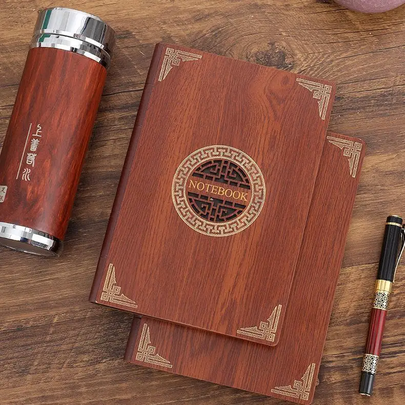 Retro business wooden notebook Corporate custom logo gift box set Luxury Flash Drive Bookmark A5 mahogany hollow notebook set
